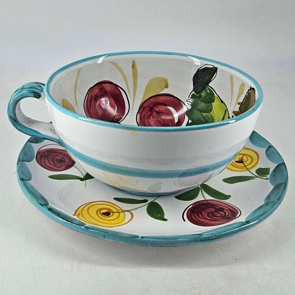 Italy Ceramic Large coffee Latte Cappuccino Cup Saucer Hand Painted cherries